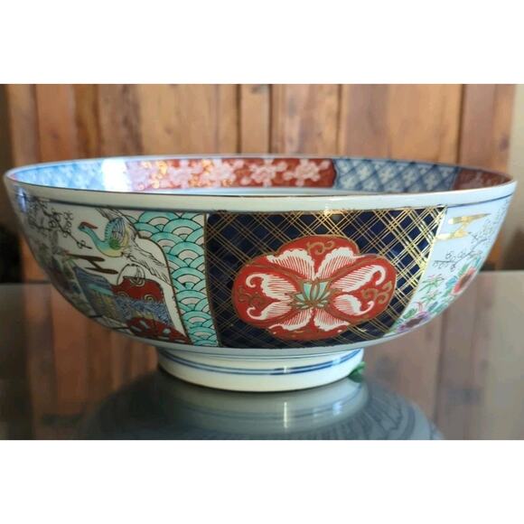 Signed Japanese Gold Imari Arita Ware Decorative Large Serving Bowl 12.25" × 5" - Picture 1 of 10